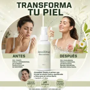 Tónico botánico facial de 120 ml en botella blanca con atomizador, rodeado de una mujer con piel opaca y otra con piel radiante.